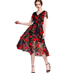 Red and Black Flower Appliqué Dress